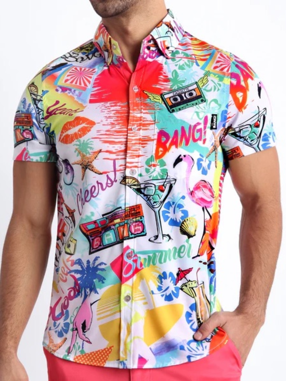 Men's Multicolor Tropical Print Short Sleeve Button-Down Shirt